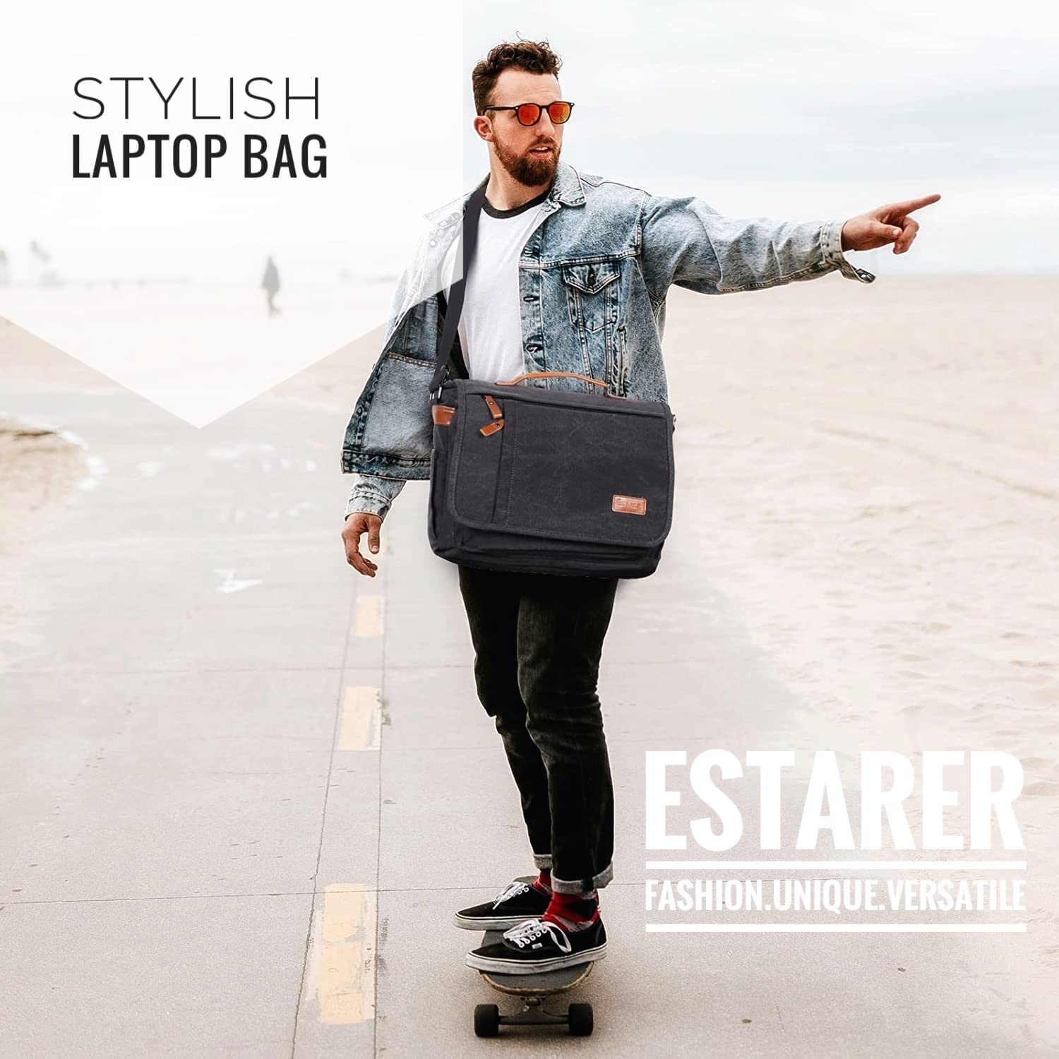 ESTARER Computer Messenger Bag 17-17.3 Inch Water-resistant Canvas Laptop Shoulder Bag for Travel Work College New Version, Grey - Image 2